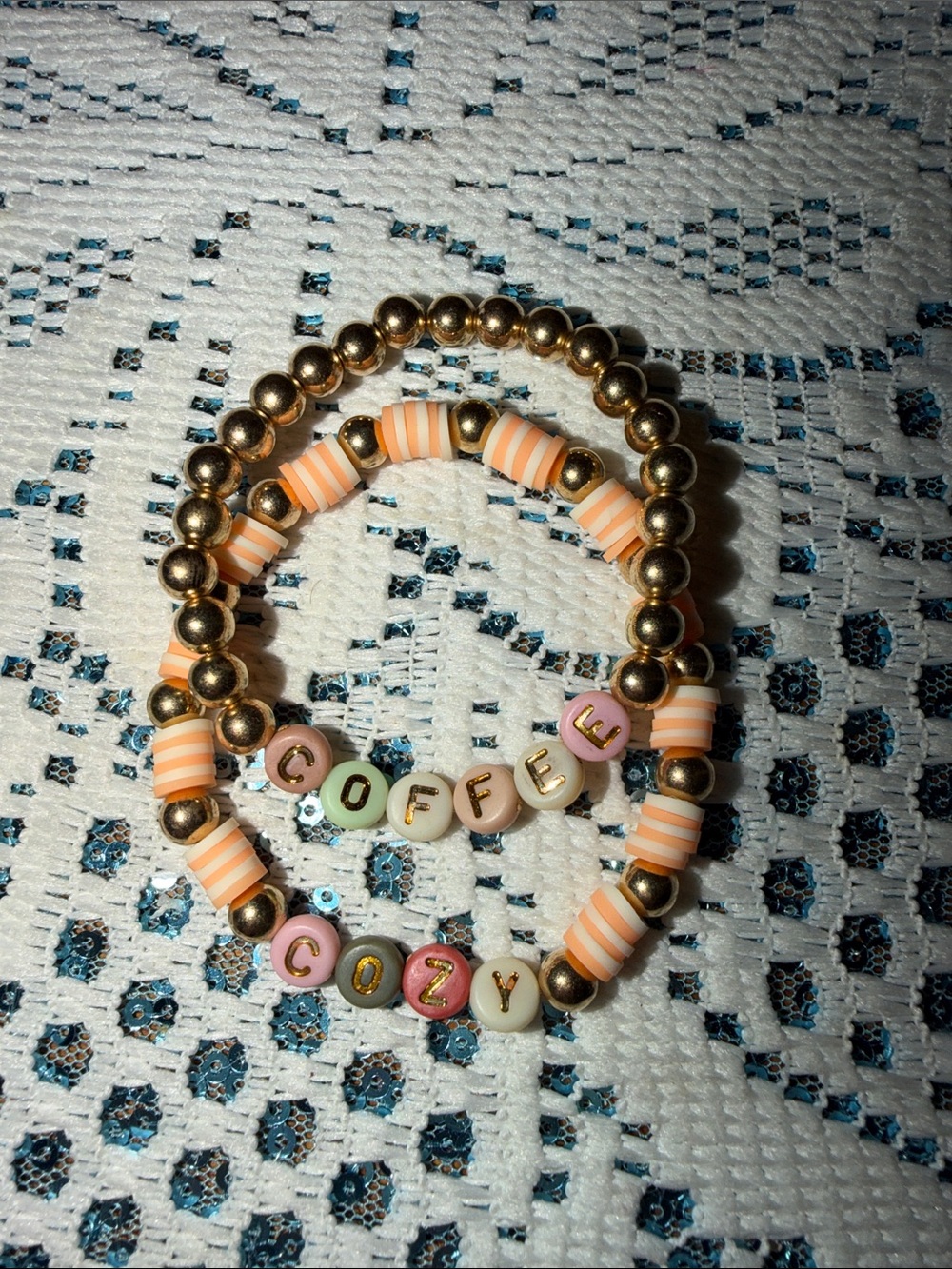 Peach & Gold Beaded Stretch Bracelet Duo - COFFEE & COZY